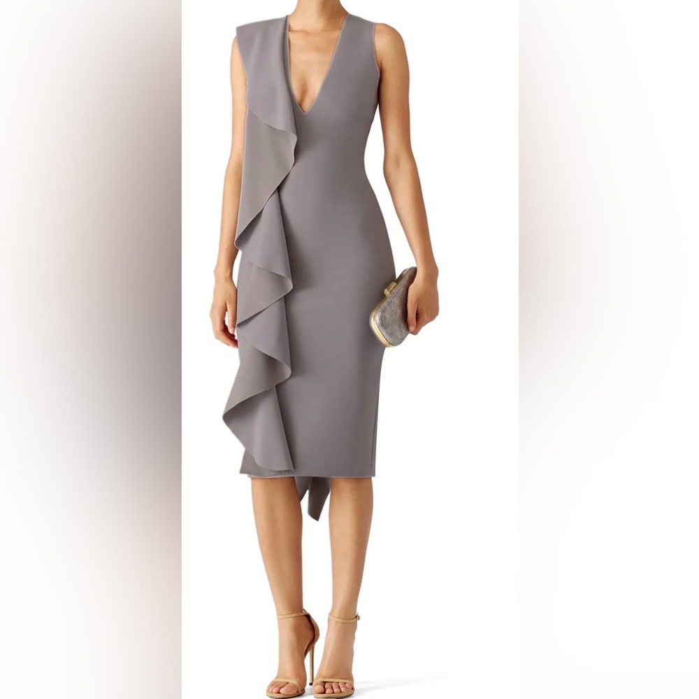 $610 Solace London Ceara V-Neck Sleeveless Ponte Ruffle Sheath Party sz 4  EUC